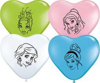 (100) 6" Heart Disney Princess Face Assorted - Tiana, Ariel, Cinderella, Belle balloons latex balloons