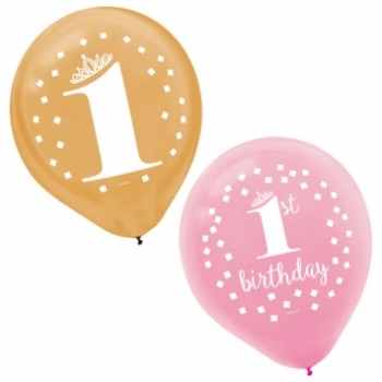 (15) 1st Birthday Girl Latex Balloons  Balloons