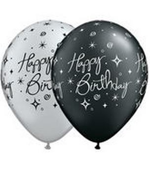 (50) 11" Happy Birthday Elegant Sparkles Pearl Black & Silver balloons latex balloons