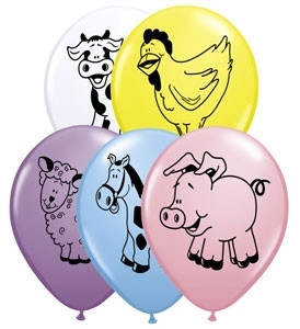 Farm Animal Assorted - Yellow, Pink, Pale Blue, White, Lilac balloons QUALATEX