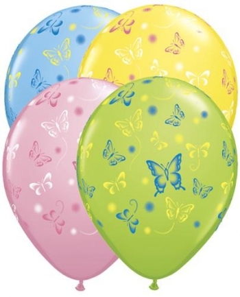 (50) 11" Butterflies Assorted Yellow, Pink, Light Blue, Lime balloons latex balloons