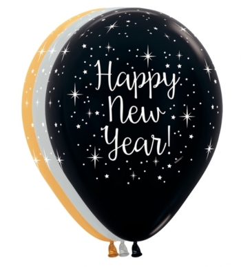 Glittering Happy New Year - Silver, Black, Gold balloons SEMPERTEX