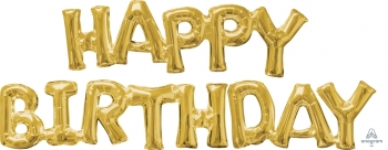 Block Phrase HAPPY BIRTHDAY  Gold Air-fill Self-Sealing balloon ANAGRAM