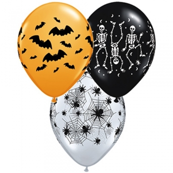 H - (50) 11" Spooky Design Assorted, Skeletons, Bats, Spiders balloon latex balloons