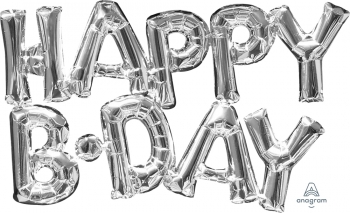 Block Phrase Happy BDAY Silver Script Words Air-fill Self-Sealing balloon foil balloons