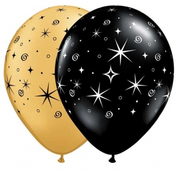 Q (50) 11"  Sparkles & Swirls Gold Black Assortment  Balloons